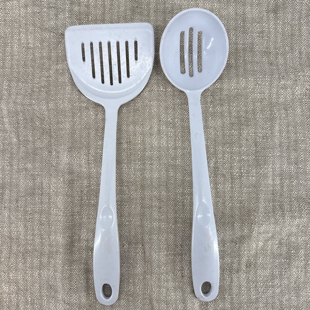 Melamine Ware 13" White Vintage Wide Slotted‎ Spatula & Slotted Spoon 50's 60's